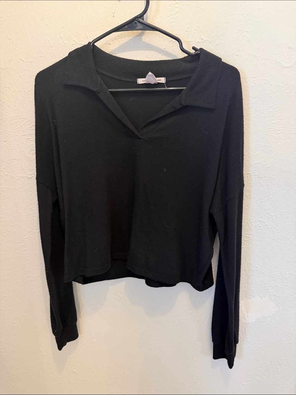Caution To The Wind Black Collared Long-Sleeve Crop Top